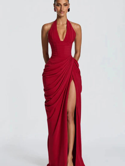 Elegant Solid Pleated Halter Women's Dress Fashion Sleeveless Backless Waist-cinching Split Maxi Dresses Summer Party Gowns 2026