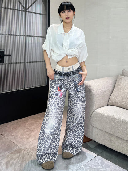 1PC Vintage Leopard Print High-Waist Loose Women's Jeans, Fashionable Design, Street Style Casual Versatile Wide-Leg Pants