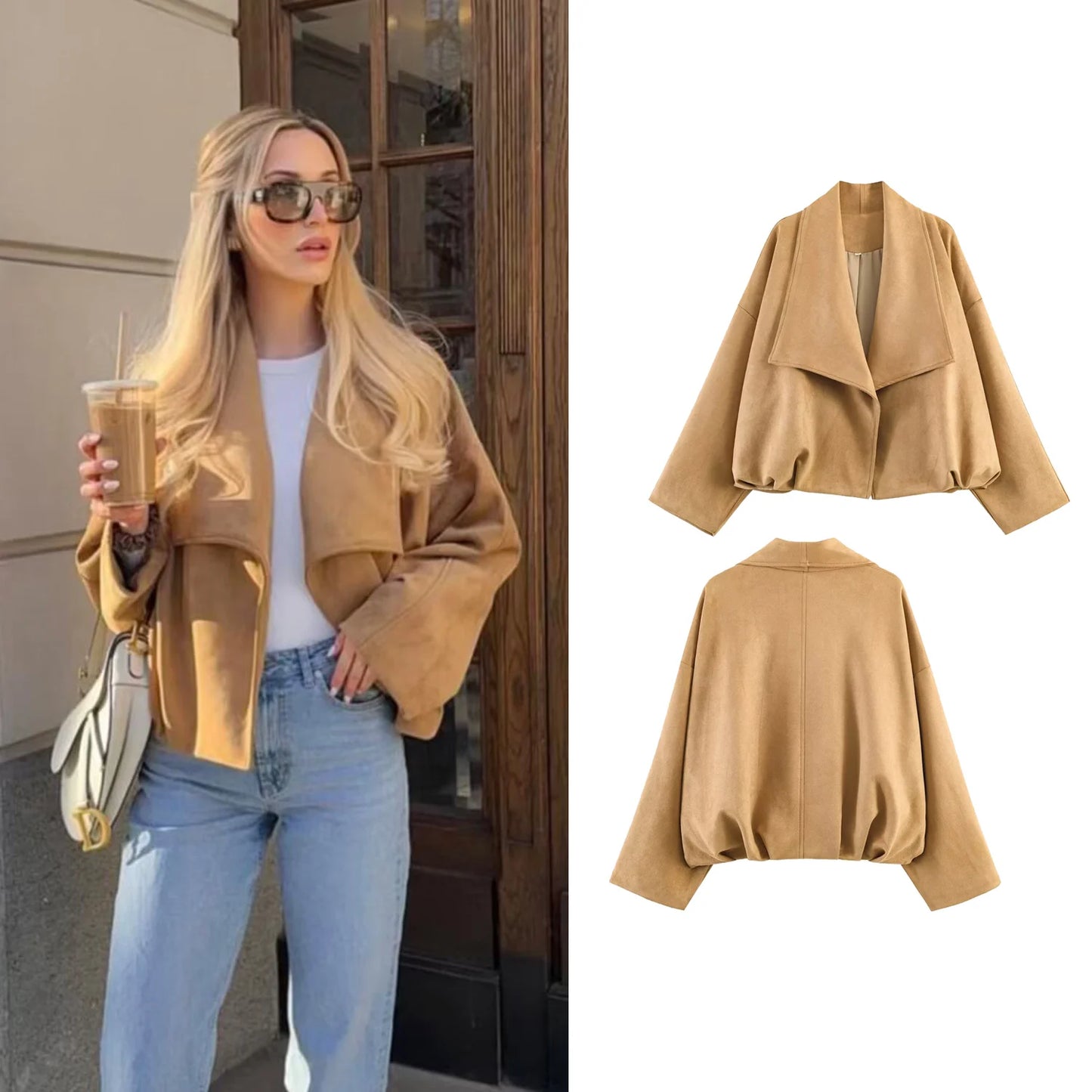 Women’s Camel Draped Front Jacket – Trendy Winter Fashion Outerwear | Stylish Long Sleeve Casual Jacket for Women