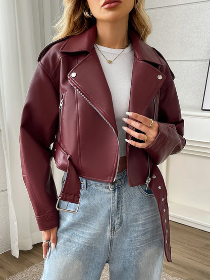 Ailegogo Spring Autumn Women Faux Pu Leather Short Jacket with Belt Motorcycle Biker Female Zipper Lapel Loose Coat Outwear