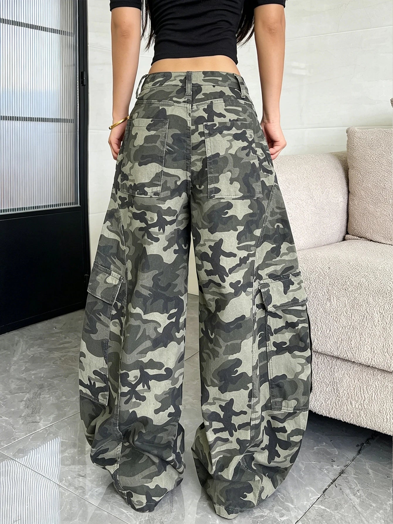 Women's American Vintage Multi-Pocket Camouflage Work Pants, Fashionable Casual Loose-Fit Slim Cocoon-Style Jeans