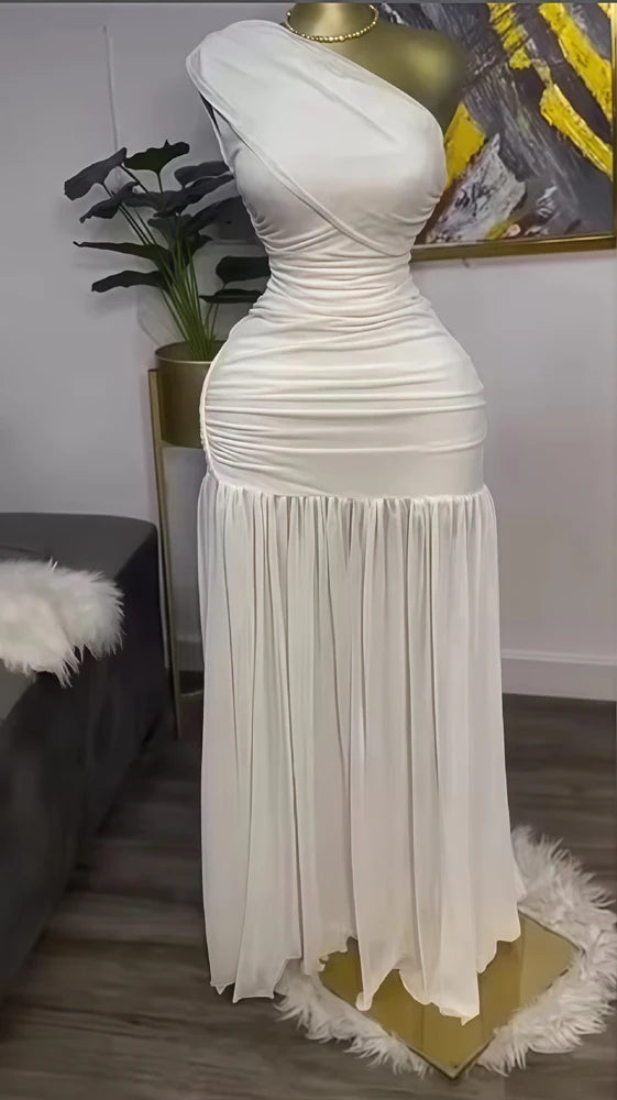 Stylish Evening Sexy Club Party Holiday Maxi Dress for Women Elegant Skew Neck One Sleeve Off Shoulder Mesh Slit Long Dresses