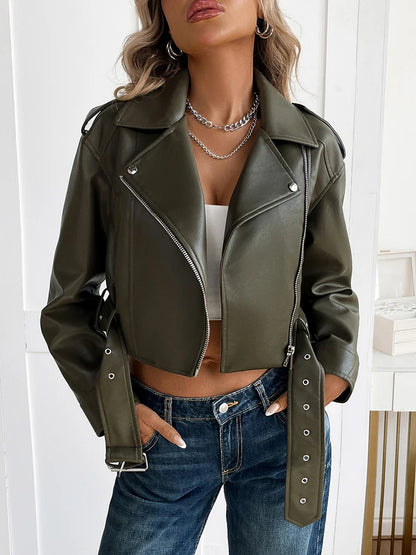 Ailegogo Spring Autumn Women Faux Pu Leather Short Jacket with Belt Motorcycle Biker Female Zipper Lapel Loose Coat Outwear