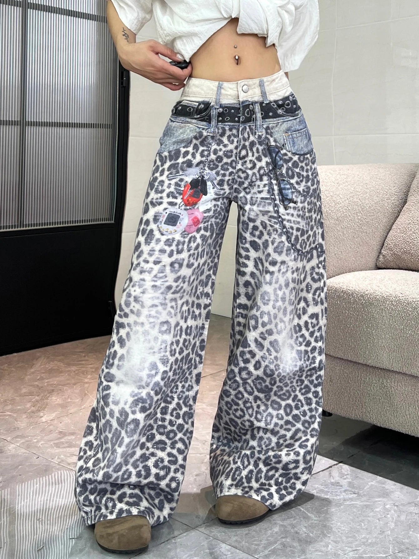 1PC Vintage Leopard Print High-Waist Loose Women's Jeans, Fashionable Design, Street Style Casual Versatile Wide-Leg Pants