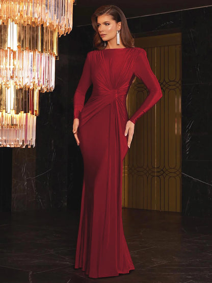 Elegant Ruched Maxi Dress for Women Long Sleeve Sexy Bodycon Club Party Evening Pleated Satin Fishtail Evening Dresses Skirt