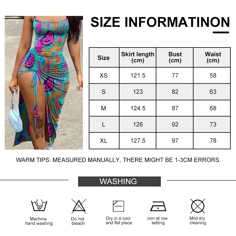Women Summer Sexy Suspender Long Dress Split Printing Tie Up Dress Fashionable Elegant Club Beach Party Clothing