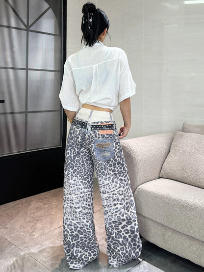 1PC Vintage Leopard Print High-Waist Loose Women's Jeans, Fashionable Design, Street Style Casual Versatile Wide-Leg Pants