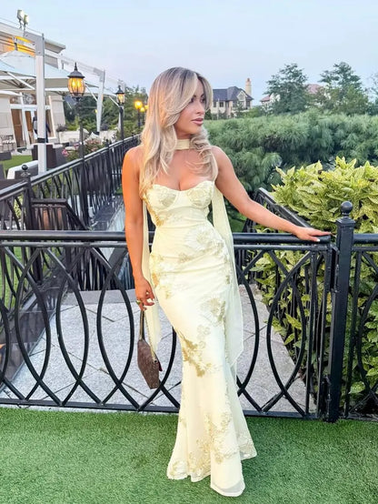 Mingmingxi Women Maxi Backless Dress Sexy 3D Floral Embroidery Mermaid Gown Yellow Formal gala Prom Party Dress Long