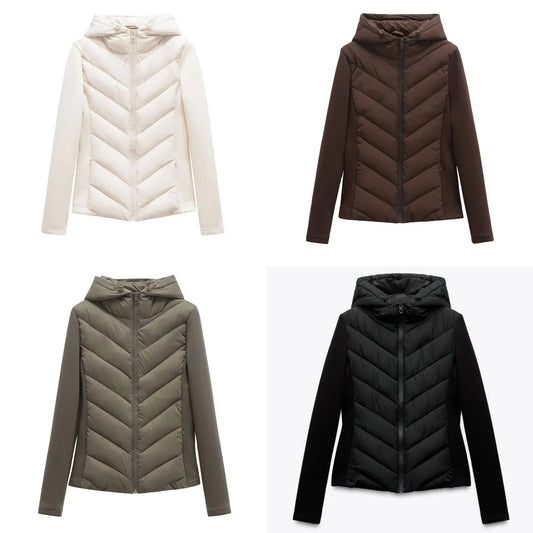 ETJ 2025 new  women's elegant fashion patchwork long sleeve standing collar hooded cotton jacket sport coat 8073227