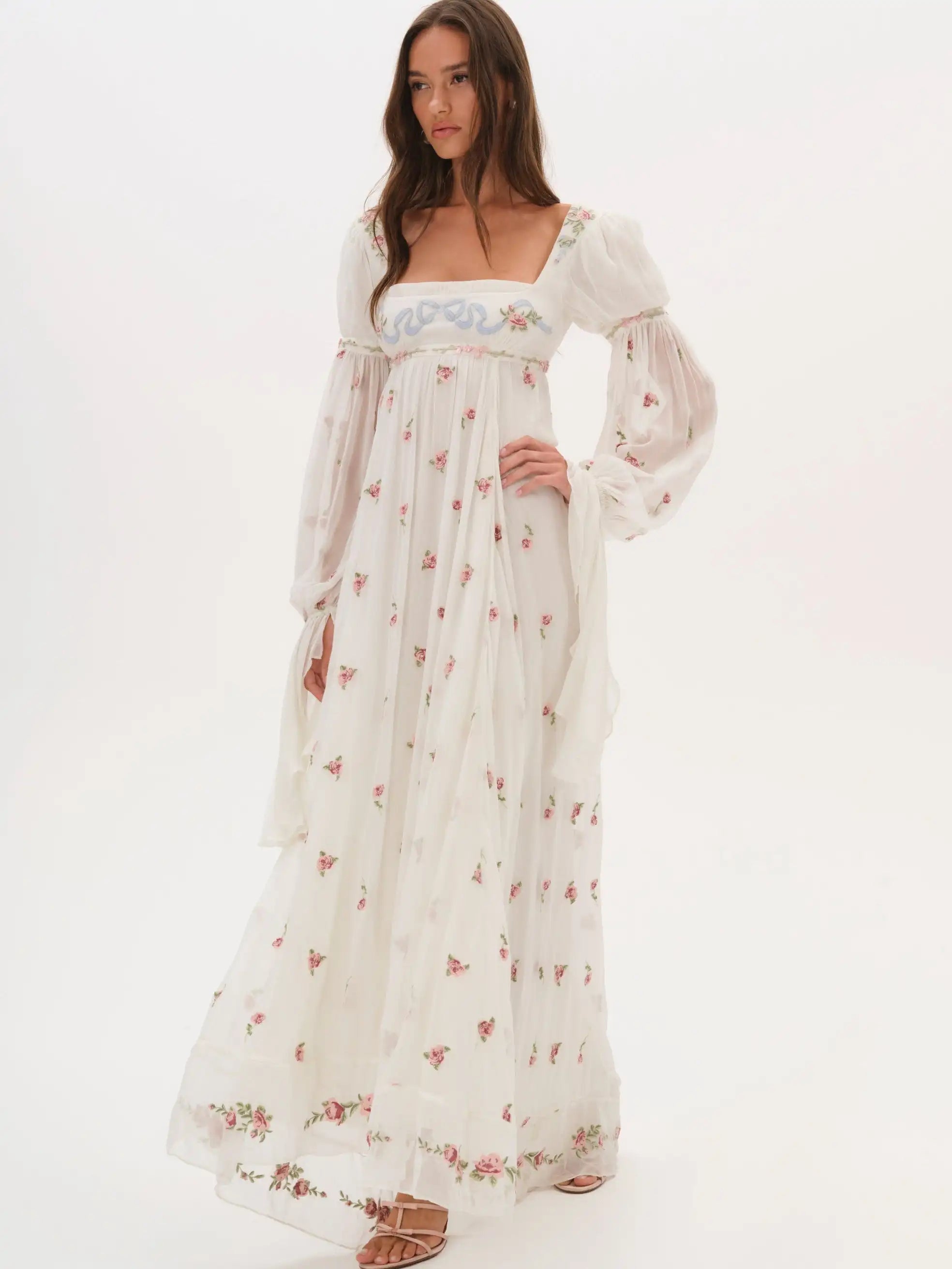 flowy maxi dress wedding guest Cottagecore Floral Women's Square Neck Long Puff Sleeve Emp – Stylora asdoklhq Graduation Dress Mother glitter velvet while the flowy short Closure:zipper