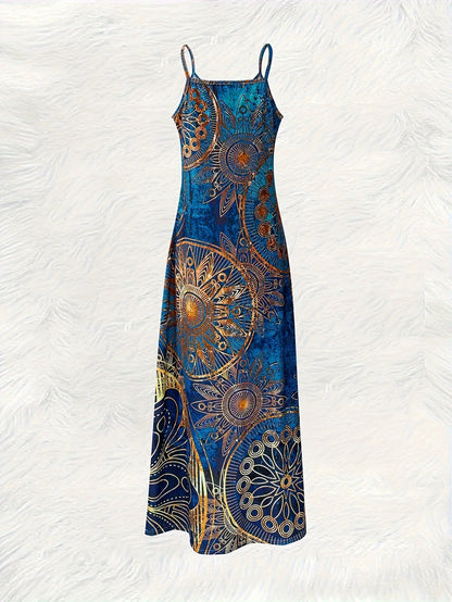 Bohemian-inspired maxi dress featuring a vibrant blue-and-gold totem print. Halter-neck, sleeveless cut with a slim fit and flow