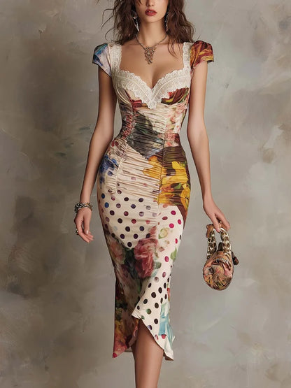 Women Fashion Floral Polka Dot Print Dress Sweetheart Neck Lace Trim Short Sleeves Ruched Bodycon Elegant Party Cocktail Dress