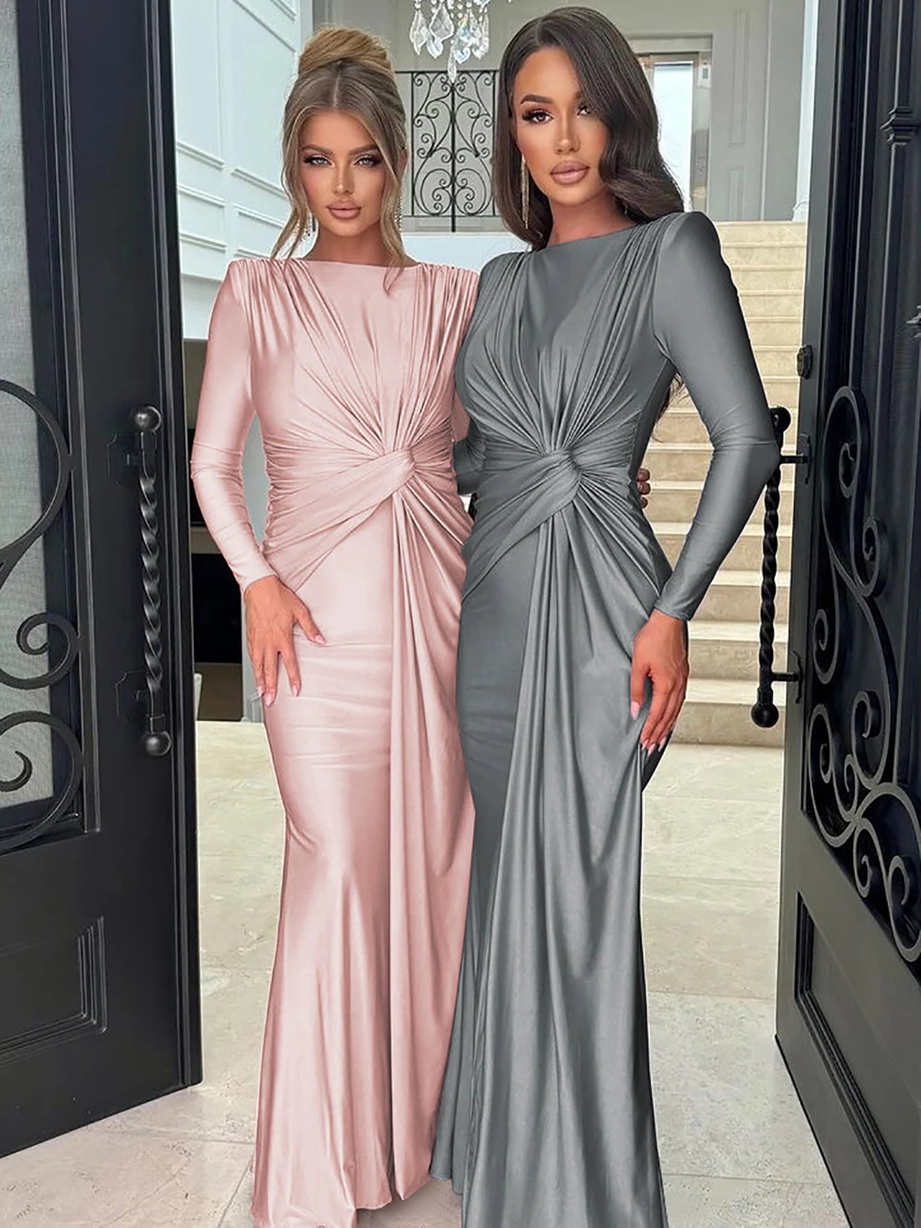 Elegant Ruched Maxi Dress for Women Long Sleeve Sexy Bodycon Club Party Evening Pleated Satin Fishtail Evening Dresses Skirt