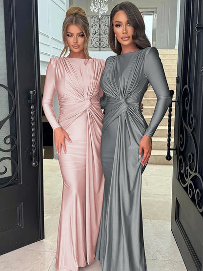 Elegant Ruched Maxi Dress for Women Long Sleeve Sexy Bodycon Club Party Evening Pleated Satin Fishtail Evening Dresses Skirt