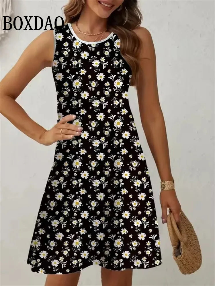 Summer Retro Plant Flowers Print Dress Women Round Neck Sleeveless Vest Dress Casual Vacation Beach Loose Sundress Women's Dress