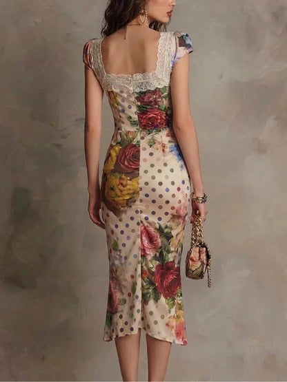 Women Fashion Floral Polka Dot Print Dress Sweetheart Neck Lace Trim Short Sleeves Ruched Bodycon Elegant Party Cocktail Dress
