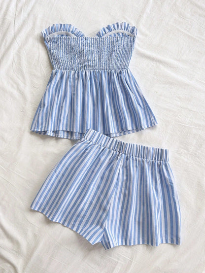 Blue And White Striped Set with Bow Waist Top And Casual Shorts Women's Preppy Style Outfit Two-Piece Ensemble
