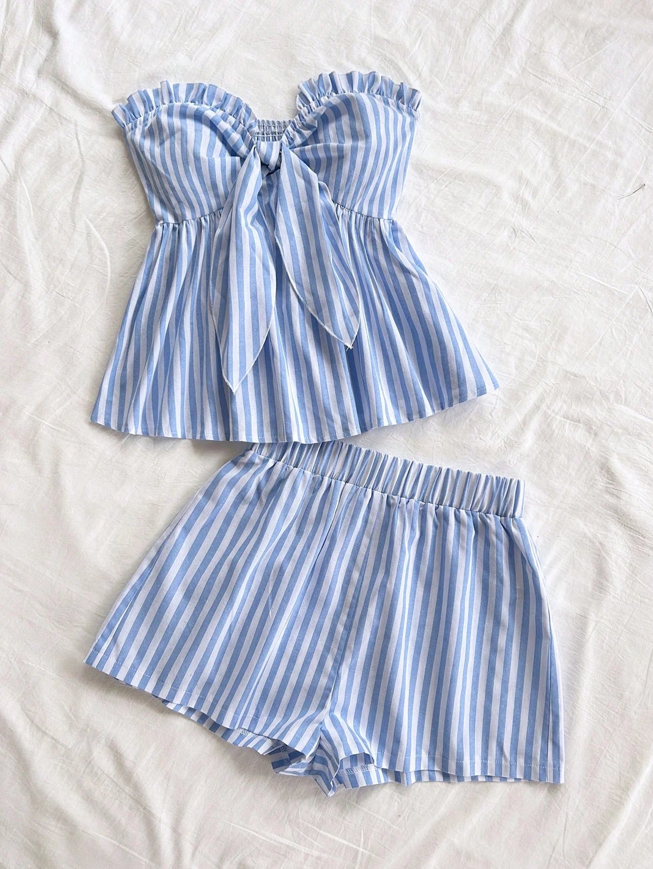 Blue And White Striped Set with Bow Waist Top And Casual Shorts Women's Preppy Style Outfit Two-Piece Ensemble