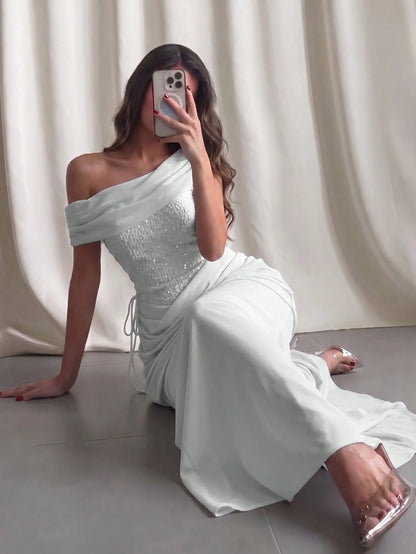 Off Shoulder Maxi Dress Women Fashion Luxury Crystal Embellished Long Evening Dress Backless Ruched White Mesh Bodice Elegant