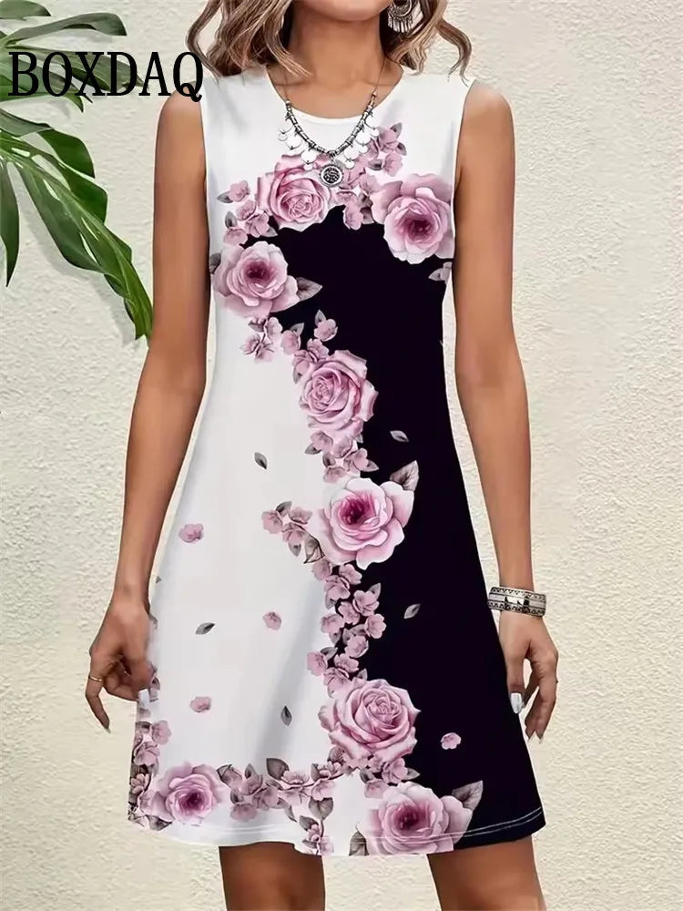 Summer Retro Plant Flowers Print Dress Women Round Neck Sleeveless Vest Dress Casual Vacation Beach Loose Sundress Women's Dress