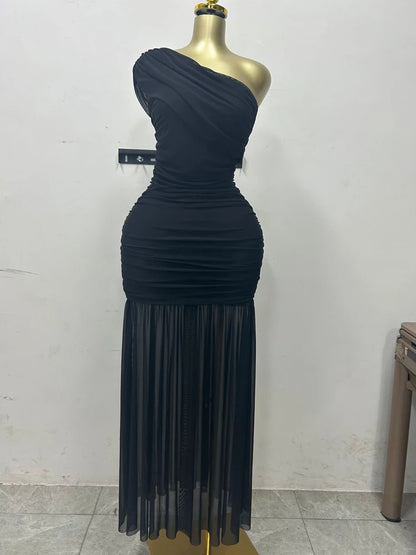 Stylish Evening Sexy Club Party Holiday Maxi Dress for Women Elegant Skew Neck One Sleeve Off Shoulder Mesh Slit Long Dresses