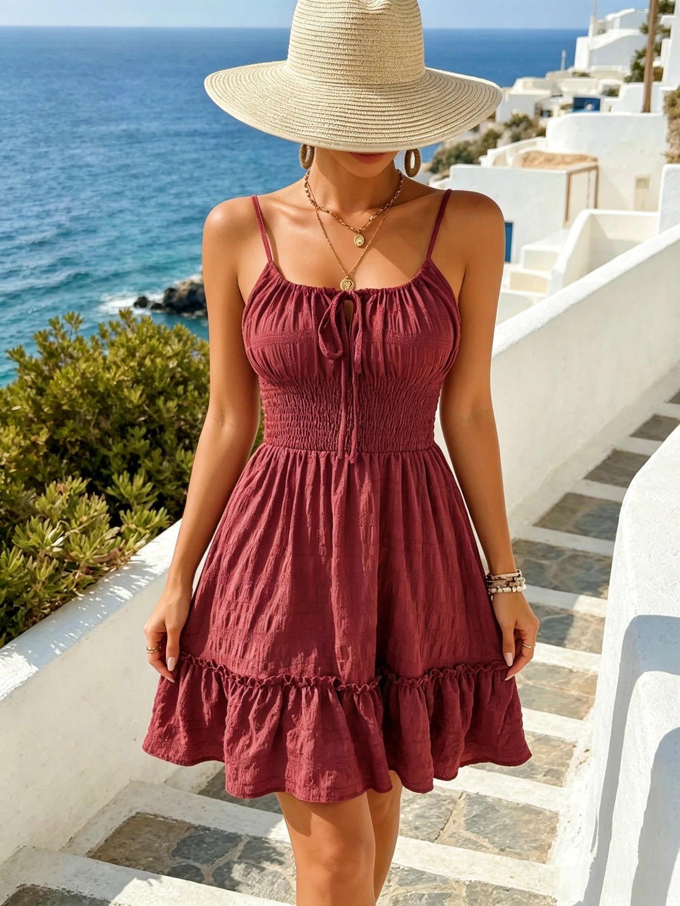 Women's Adjustable Spaghetti Strap Tie Front Smocked Waist Ruffle Hem Mini Sundress Summer Beach Vacation Dress