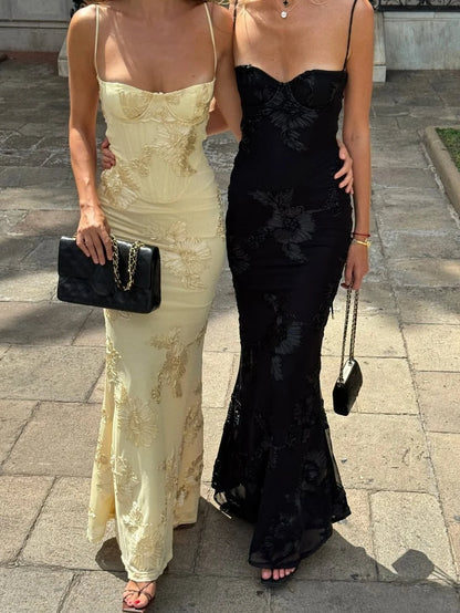 Mingmingxi Women Maxi Backless Dress Sexy 3D Floral Embroidery Mermaid Gown Yellow Formal gala Prom Party Dress Long