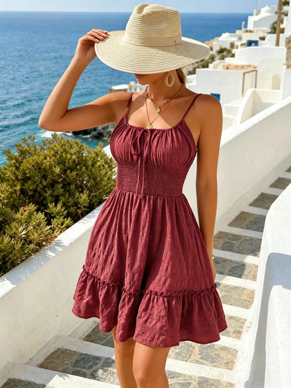 Women's Adjustable Spaghetti Strap Tie Front Smocked Waist Ruffle Hem Mini Sundress Summer Beach Vacation Dress