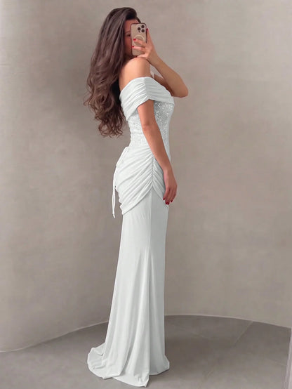 Off Shoulder Maxi Dress Women Fashion Luxury Crystal Embellished Long Evening Dress Backless Ruched White Mesh Bodice Elegant