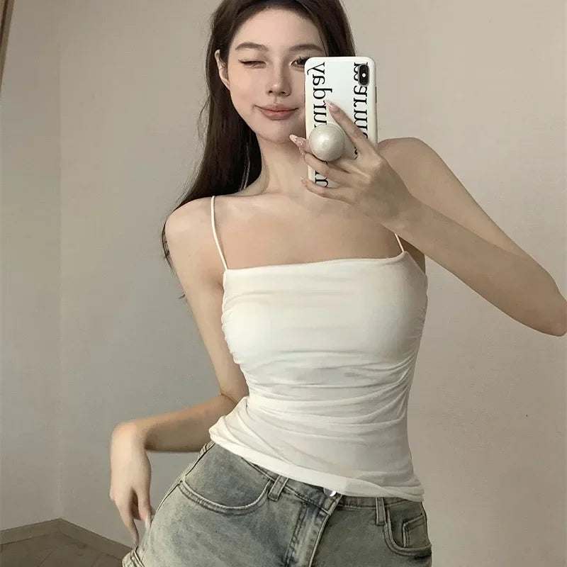 Summer Camisoles Tank Tops Women With Built In Bra Spaghetti Strap Tanks Vest Sleeveless Tees Cropped Top Solid Color Casual Top