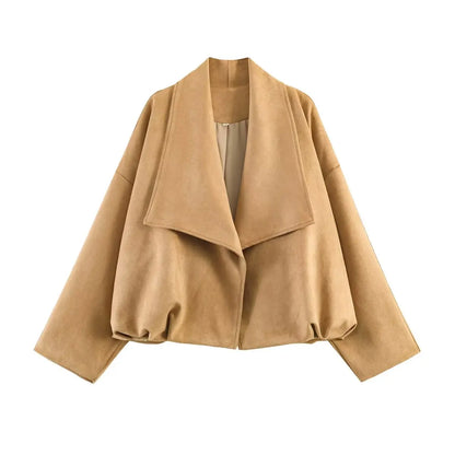 Women’s Camel Draped Front Jacket – Trendy Winter Fashion Outerwear | Stylish Long Sleeve Casual Jacket for Women