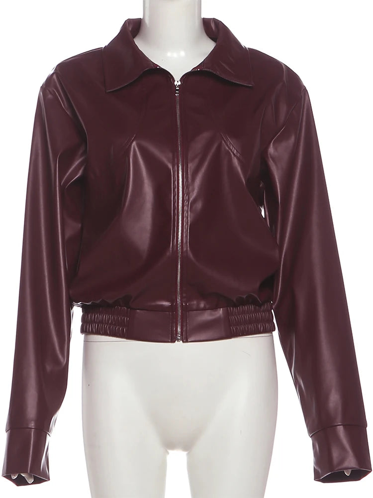 Nibber Zipper Jacket Woman Faux Leather Autumn Trend Lapel Full Sleeve Hottie High Street Fashion Versatile Style Basic Coats