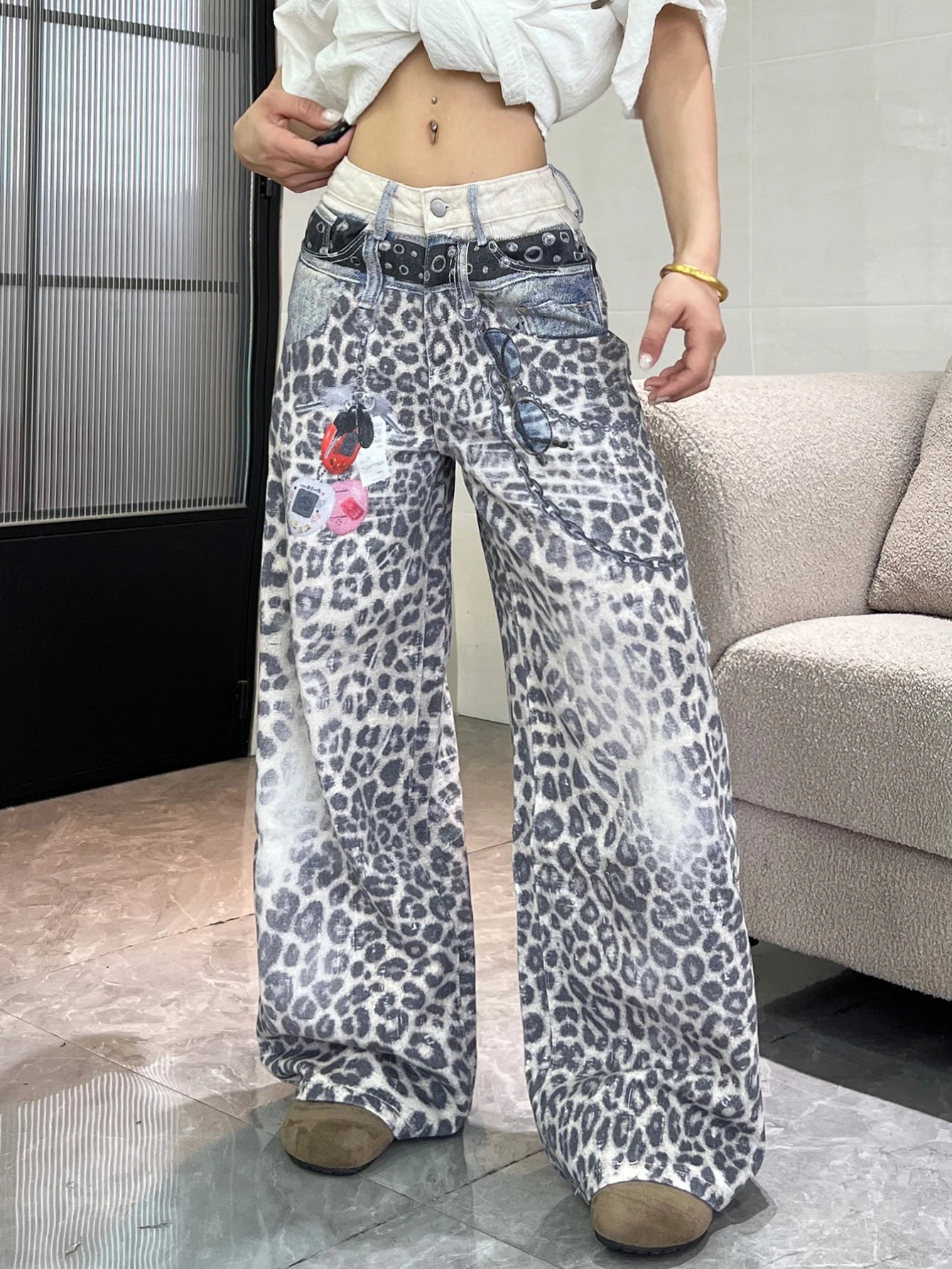 1PC Vintage Leopard Print High-Waist Loose Women's Jeans, Fashionable Design, Street Style Casual Versatile Wide-Leg Pants