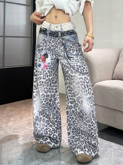 1PC Vintage Leopard Print High-Waist Loose Women's Jeans, Fashionable Design, Street Style Casual Versatile Wide-Leg Pants