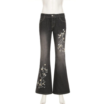 Floral Embroidery Jeans Vintage 2000s Low Rise Flared Jeans Women Retro Y2k Baggy Denim Pants High Street Basic Trousers