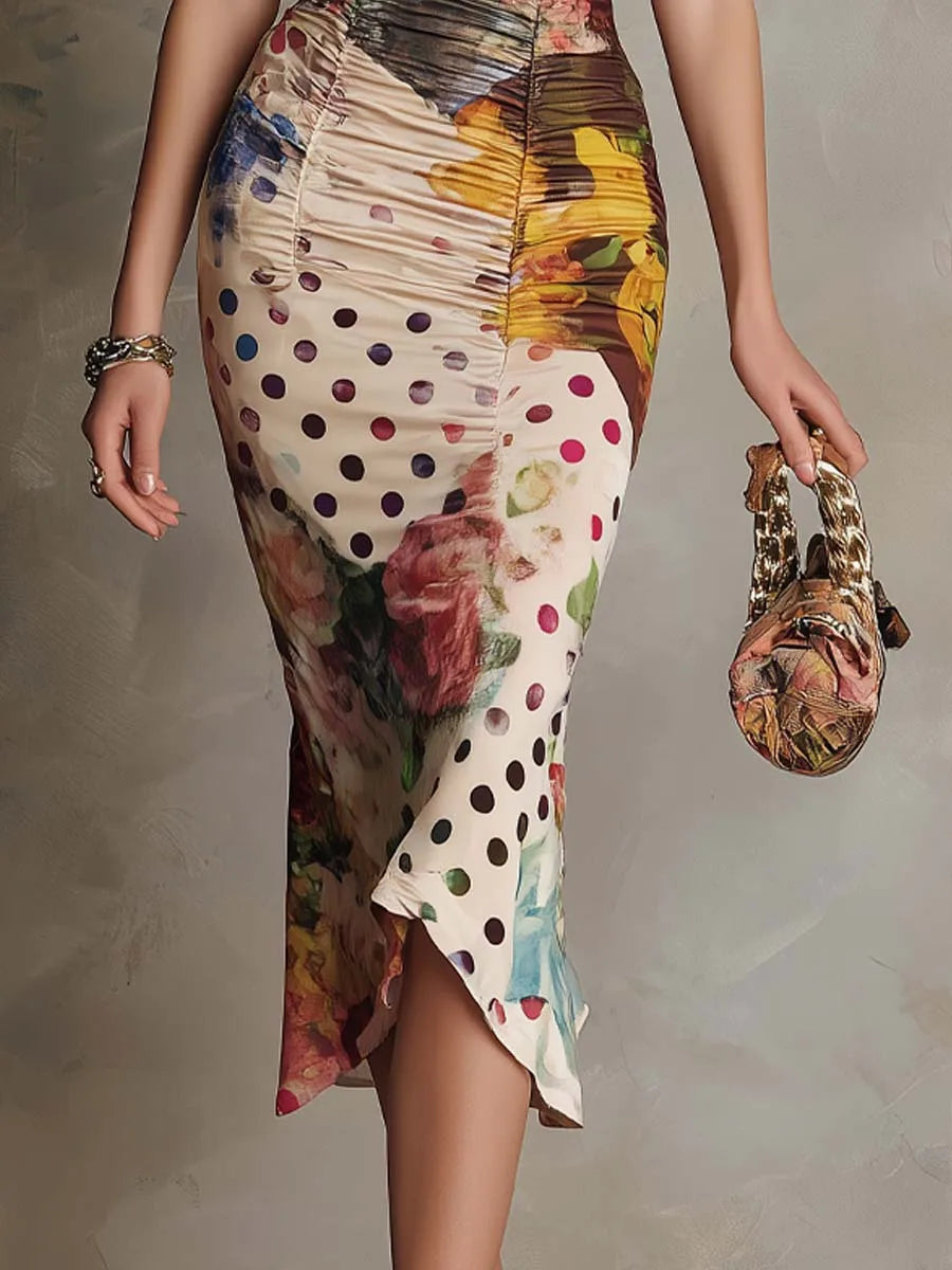 Women Fashion Floral Polka Dot Print Dress Sweetheart Neck Lace Trim Short Sleeves Ruched Bodycon Elegant Party Cocktail Dress