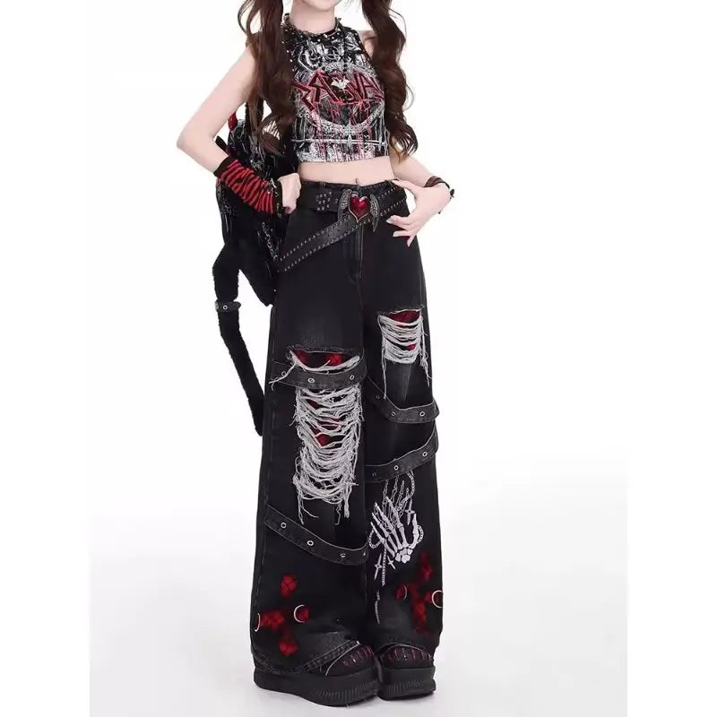 American Style Spicy Girl Loose Lazy and Relaxed Denim Pants Female punk Retro Washed Fashionable Versatile Casual Pants