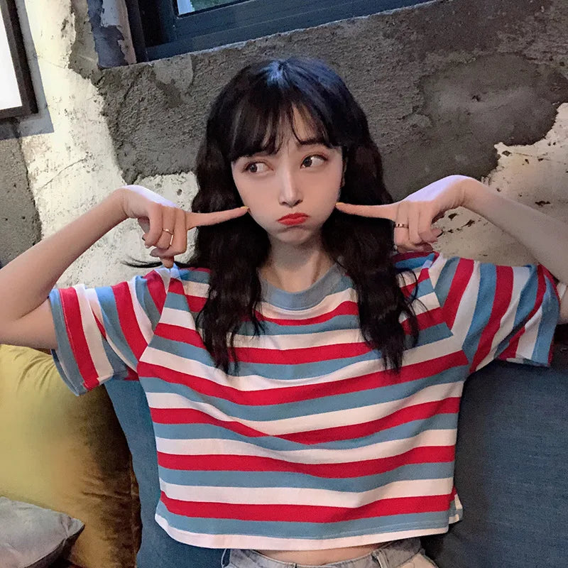 Woman Clothing Summer Crop Top Slim Tops Female O-Neck Striped Tee Shirt Street Wear Vintage 2025 Y2K New Short Sleeve T-shirt