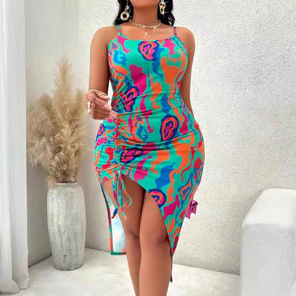 Women Summer Sexy Suspender Long Dress Split Printing Tie Up Dress Fashionable Elegant Club Beach Party Clothing