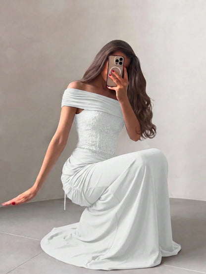 Off Shoulder Maxi Dress Women Fashion Luxury Crystal Embellished Long Evening Dress Backless Ruched White Mesh Bodice Elegant