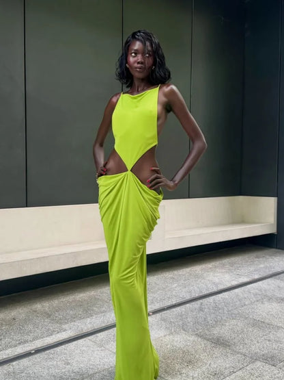 Sexy Green Hollow-out Maxi Dress Women Fashion Sleeveless Backless Pleated Slim Female Dresses Summer Party Evening Robe 2026