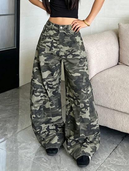 Women's American Vintage Multi-Pocket Camouflage Work Pants, Fashionable Casual Loose-Fit Slim Cocoon-Style Jeans