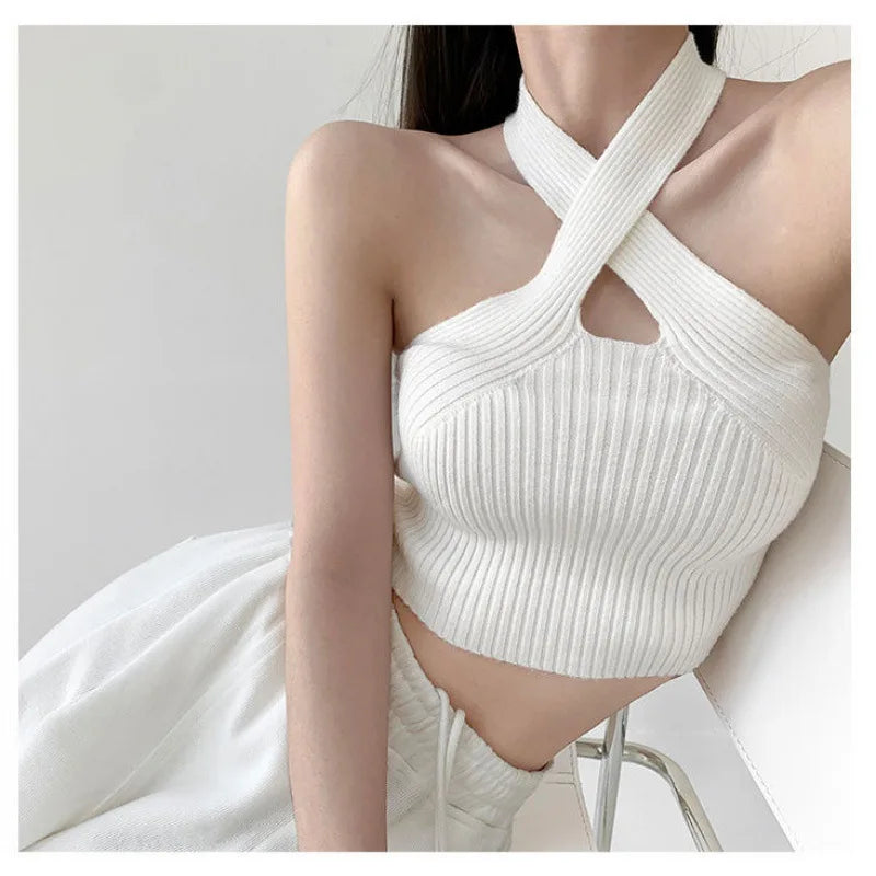 Women’s Beige Ribbed Halter Crop Top | Sleeveless Fitted Top
